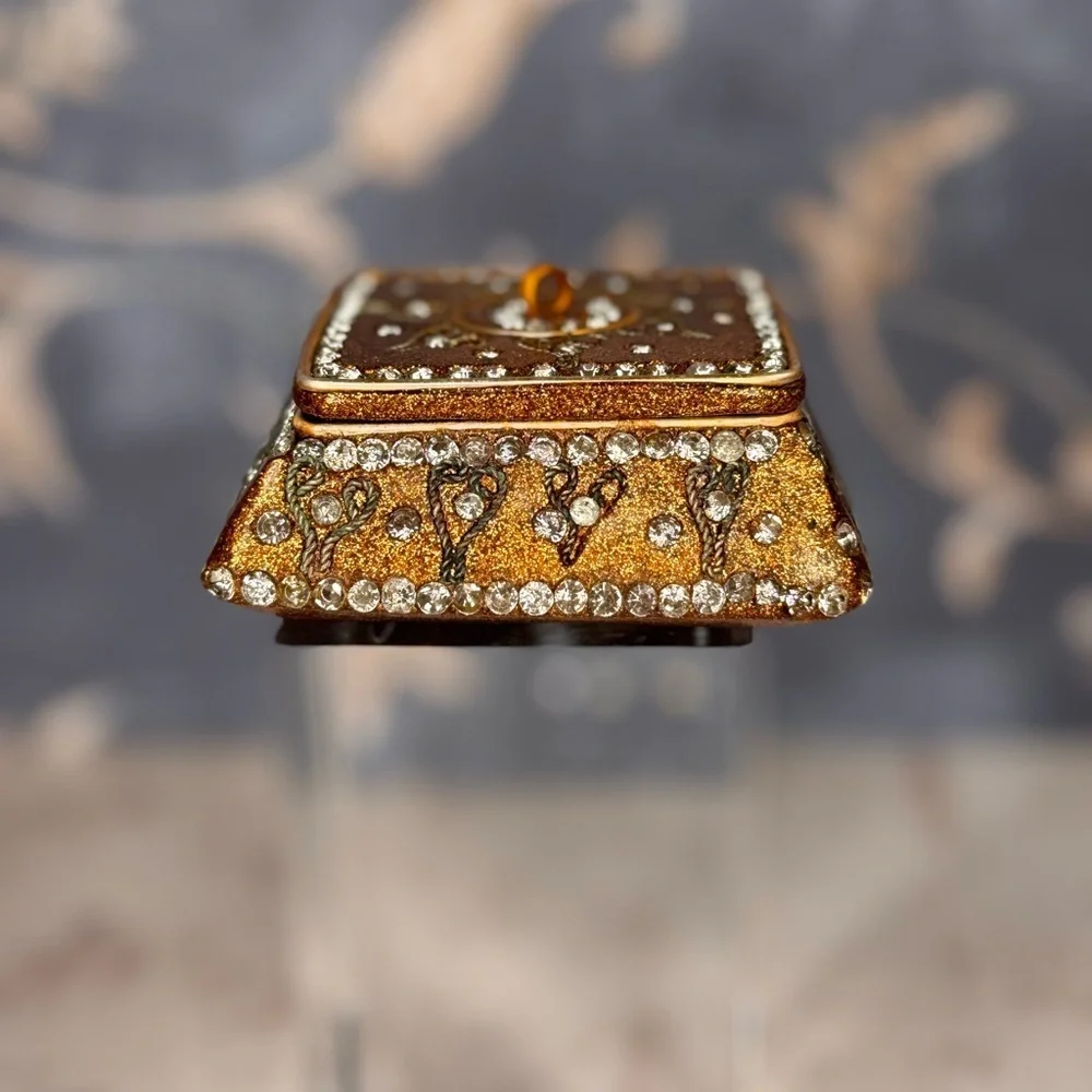 Vintage Gold Jeweled Trinket Box Rhinestone Enamel Square Ormolu Casket